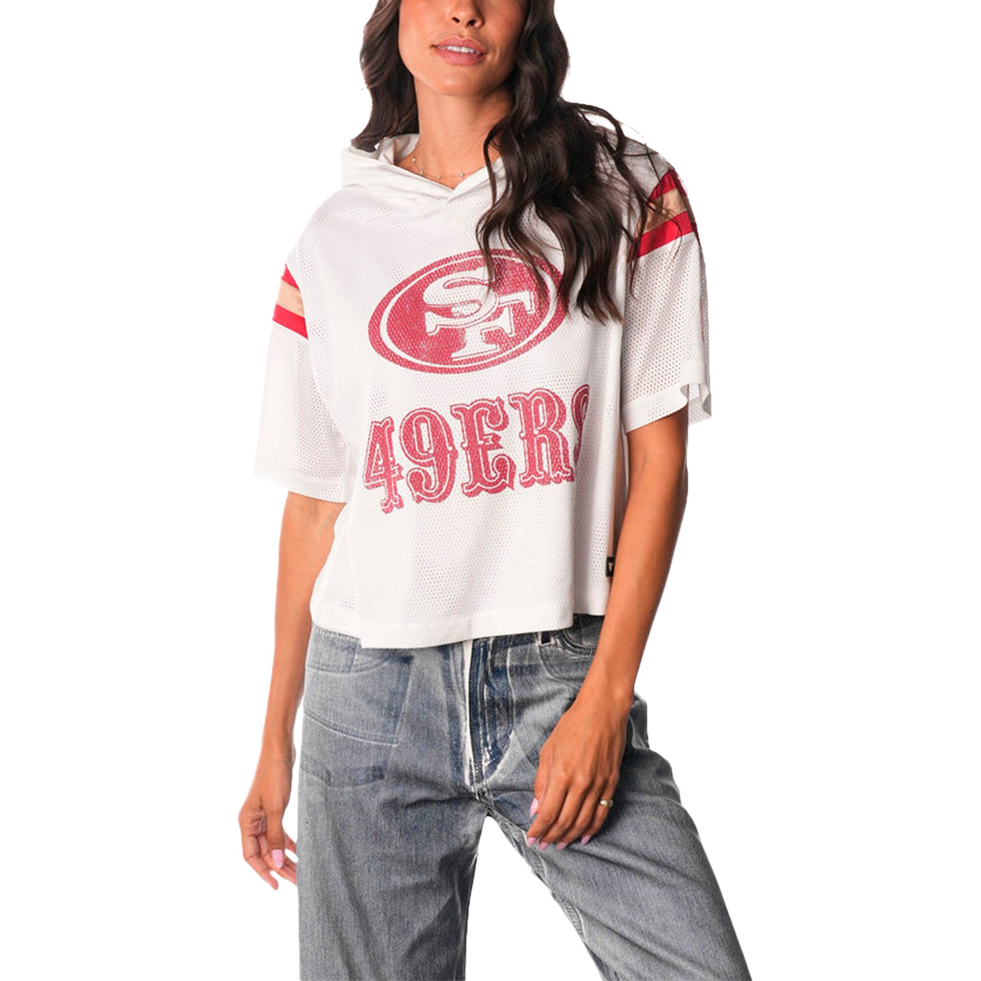  San Francisco 49ers The Wild Collective Women's Mesh Short Sleeve Hoodie T-Shirt - White