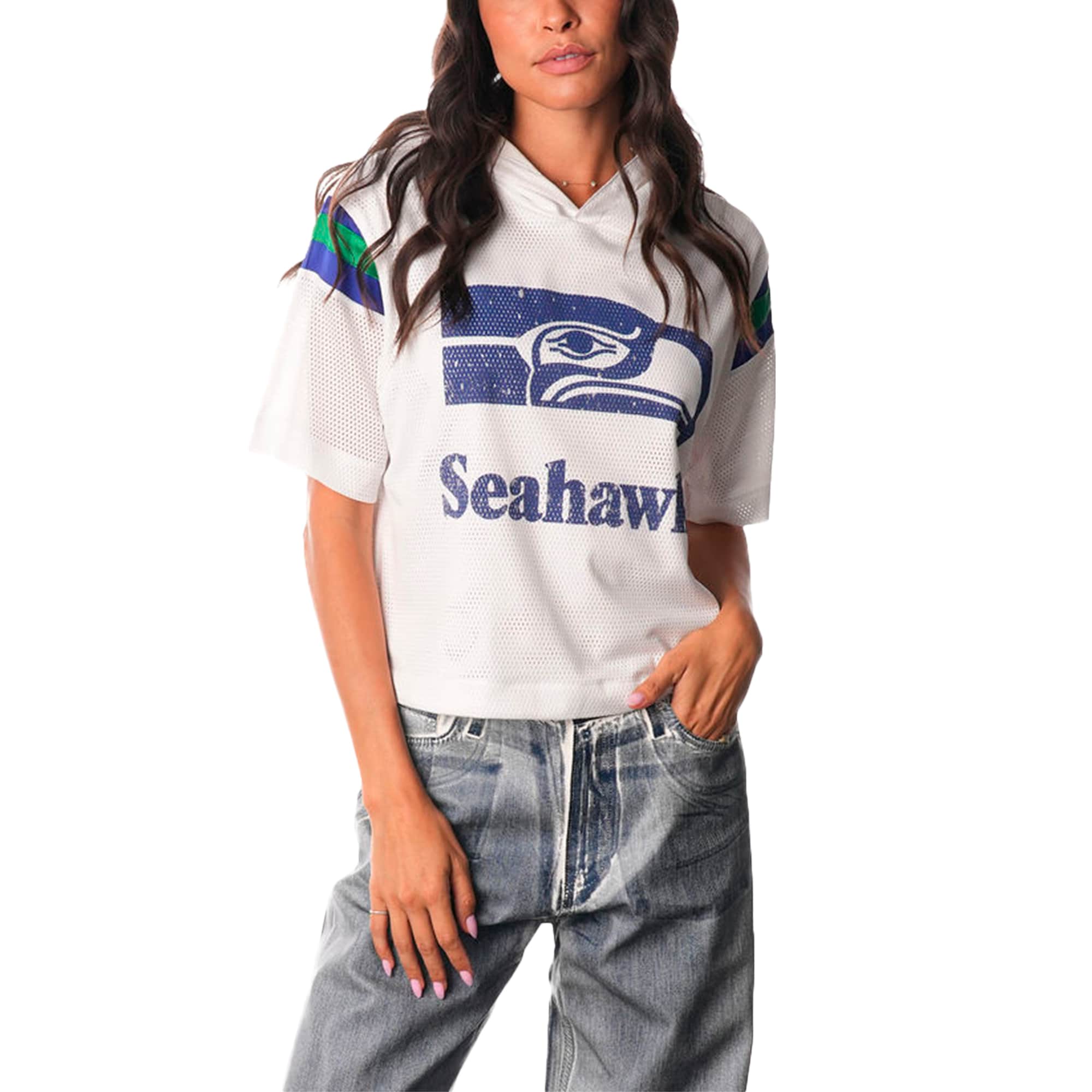  Seattle Seahawks The Wild Collective Women's Mesh Short Sleeve Hoodie T-Shirt - White